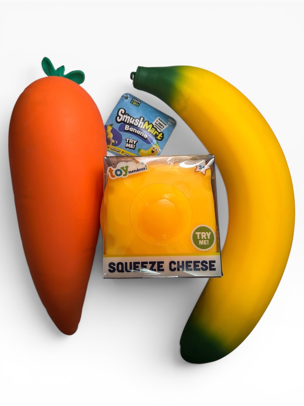 Jumbo Squishy Toy Bundle: Carrot, SmushMart Banana, & Squeeze Cheese -    NWT